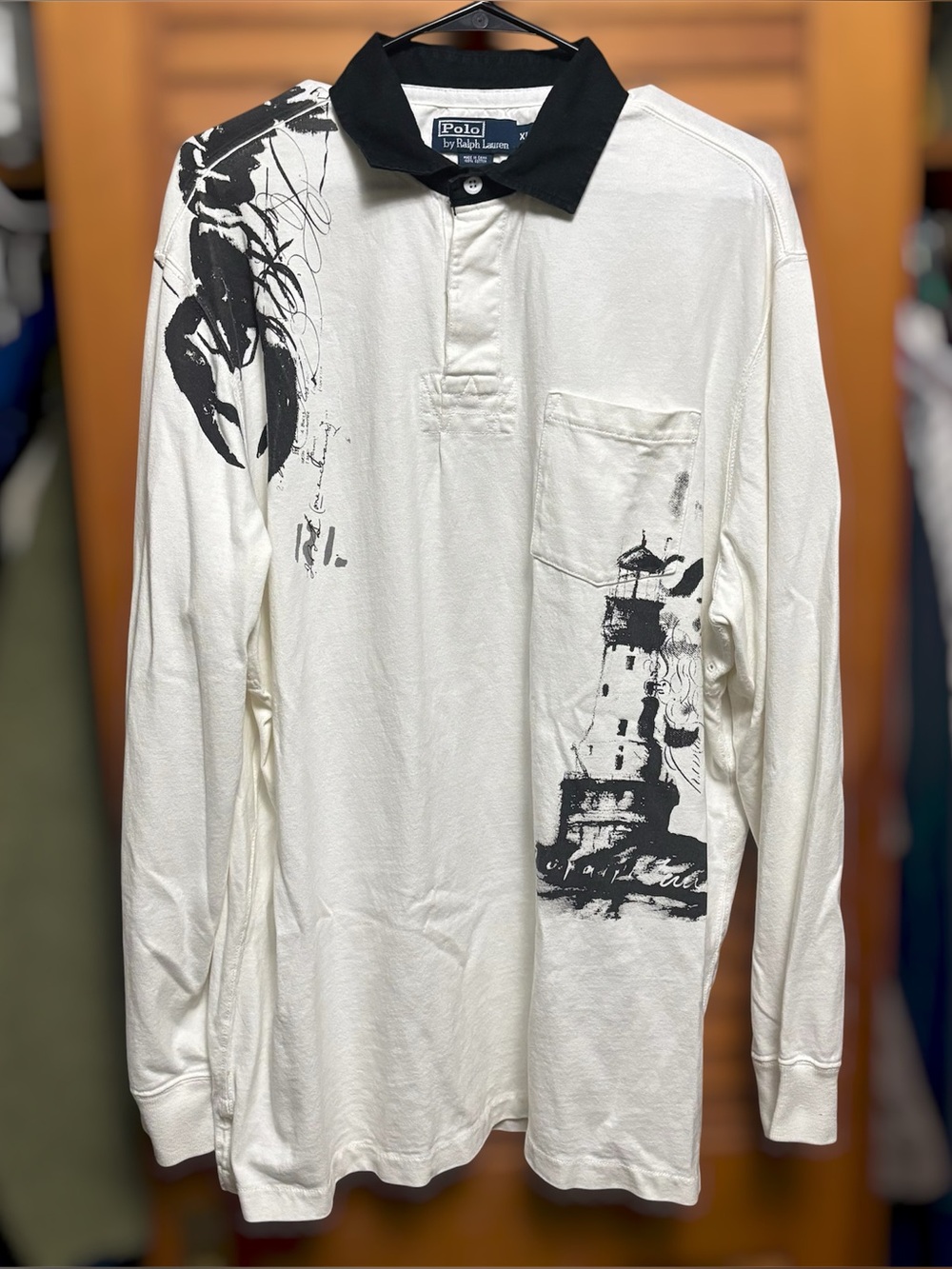 Vintage 90s Polo Ralph Lauren Rugby Shirt Nautical Lighthouse Lobster Graphic XL